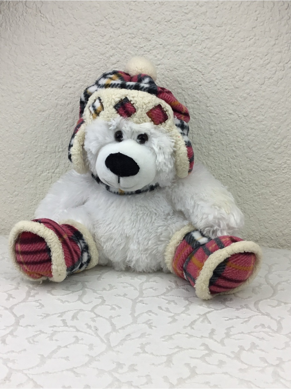 Plush White Bear with Pink Plaid Hat & Booties